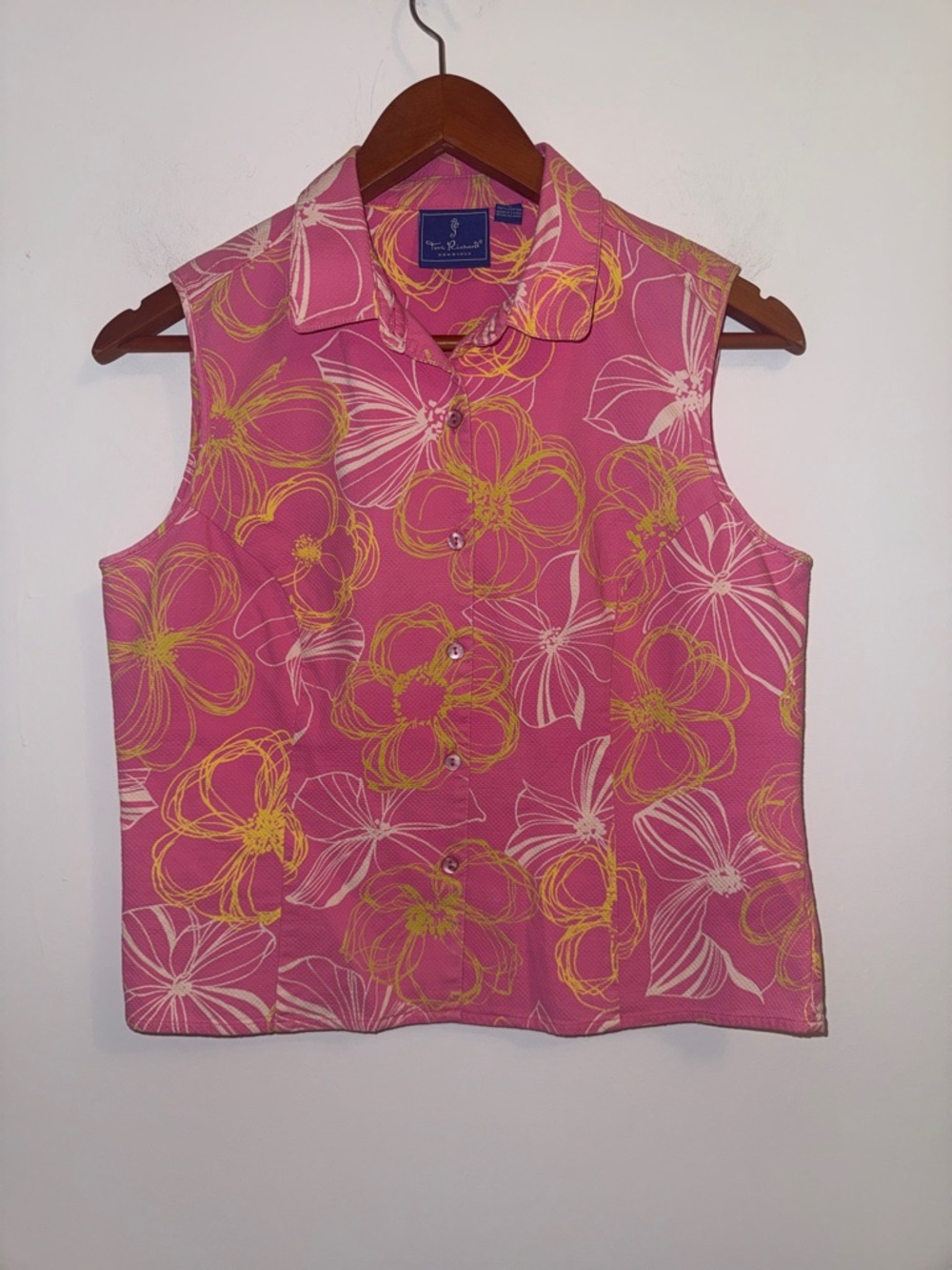 Tori Richard Honolulu Pink Floral Sleeveless Button Front Golf Resort Top Sz 10 - Picture 2 of 10